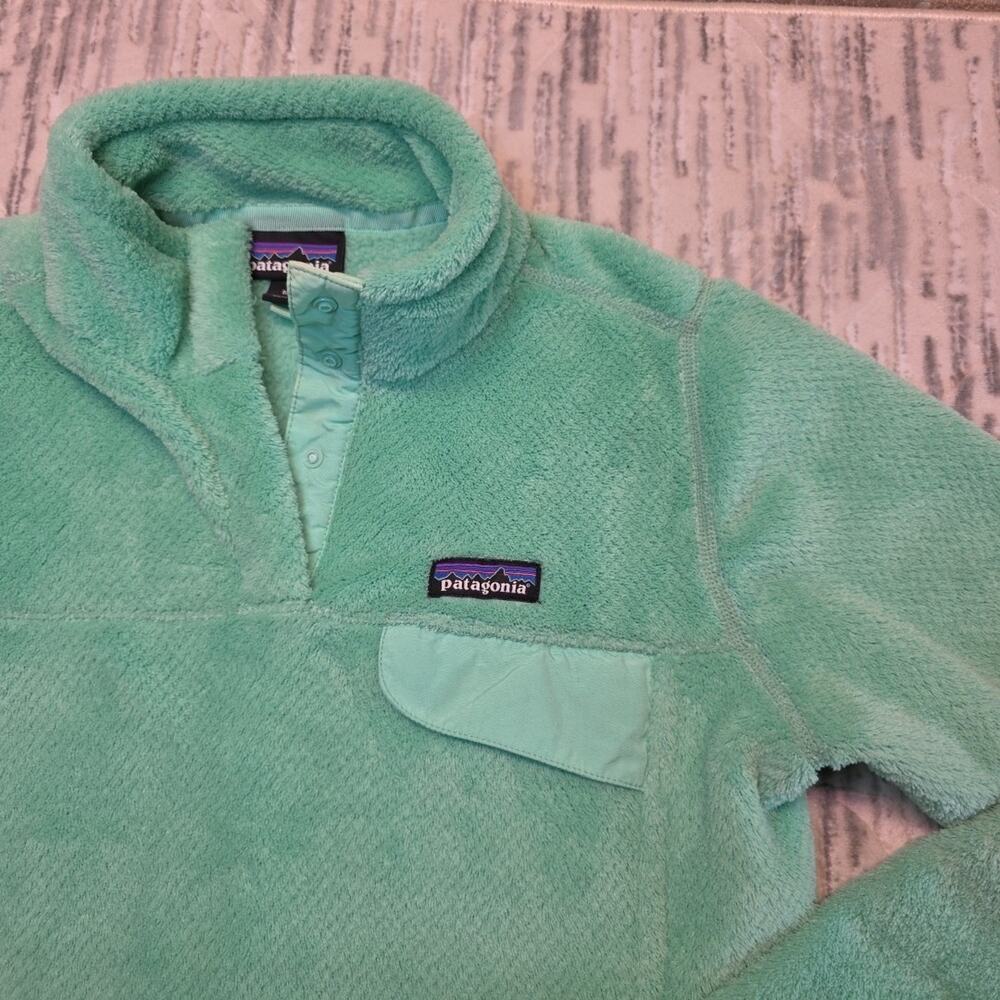 Patagonia Jacket Green Mint Snap T Fleece Fuzzy Sweater Outdoors Logo Sz M